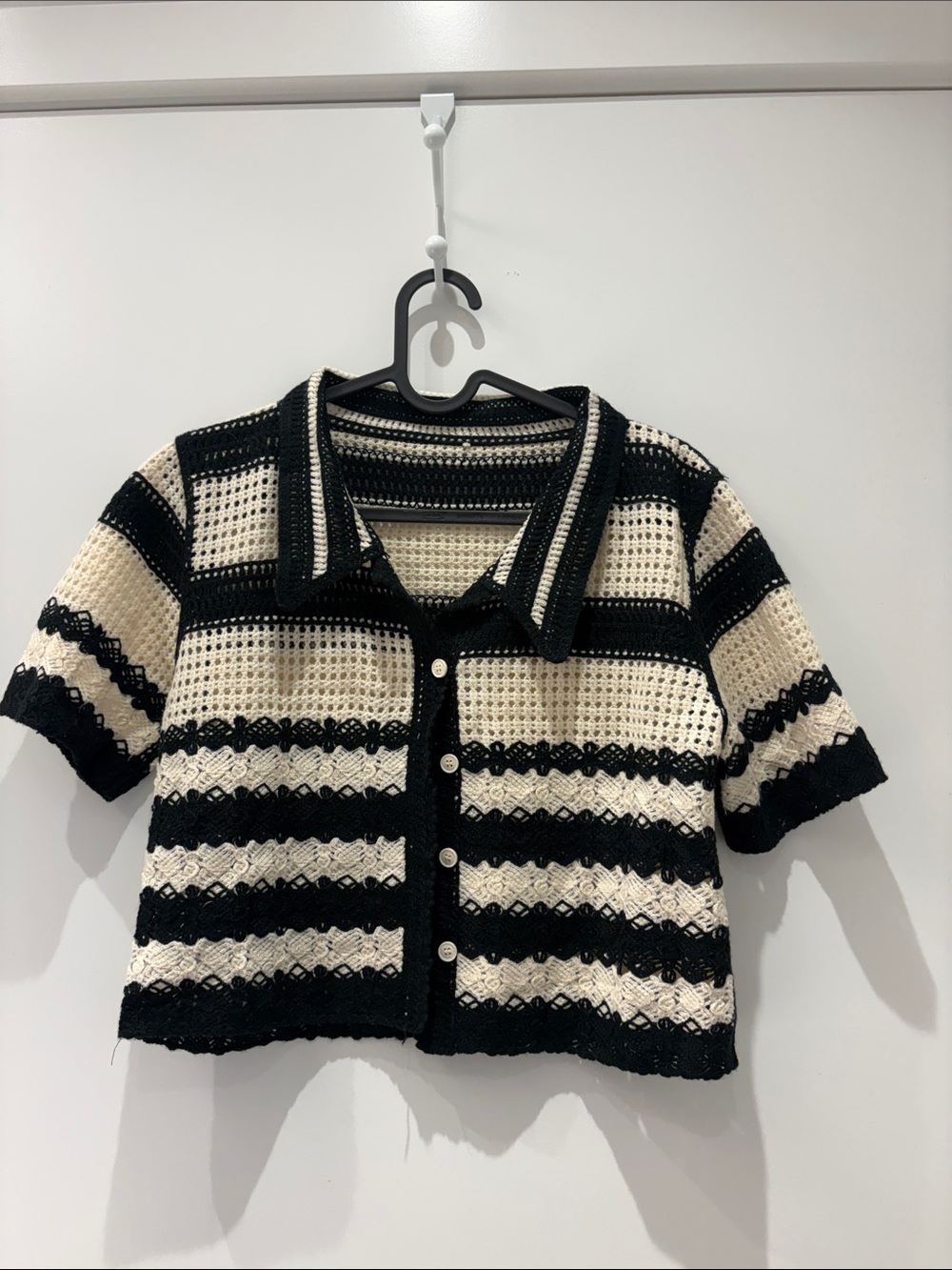 Black & Cream Crochet Button-Front Polo Top
